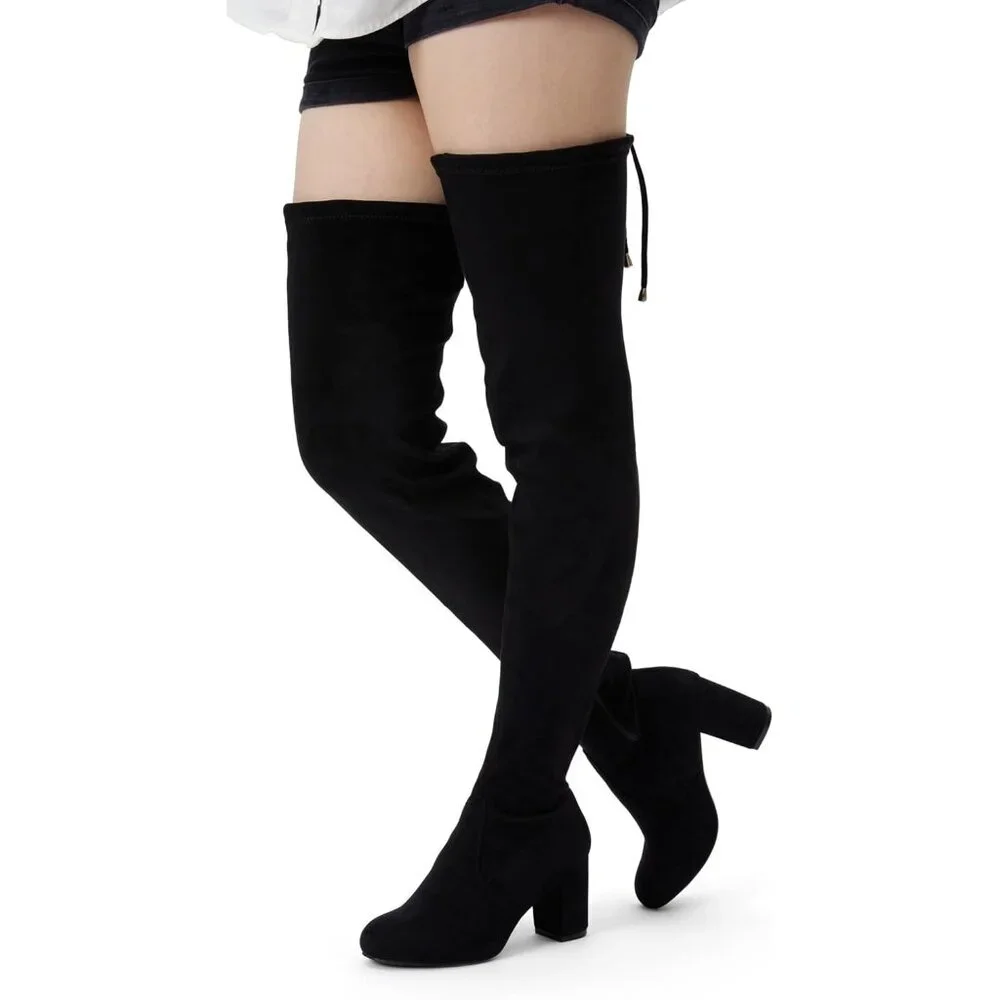 Women's Black Inner Zipper Thigh High Over The Knee High Square Heel Boots